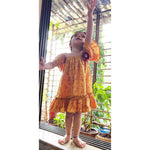 Thumbnail for Mhyssa Half Frill Sleeves Square Neck Yellow Block Printed Frock - Distacart