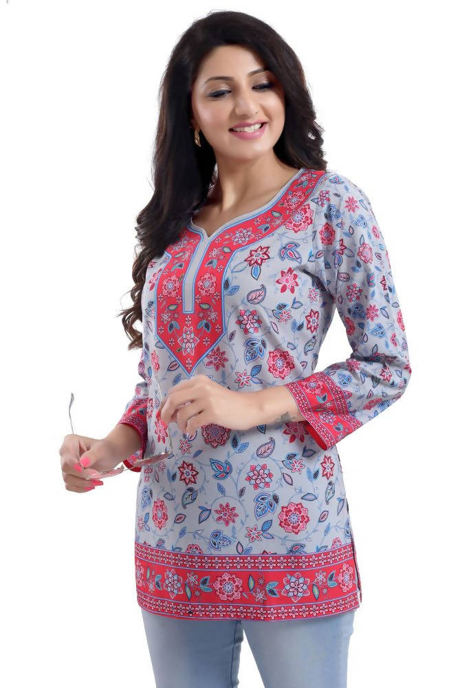 Snehal Creations Ash Gray Faux Crepe Short Kurti Tunic