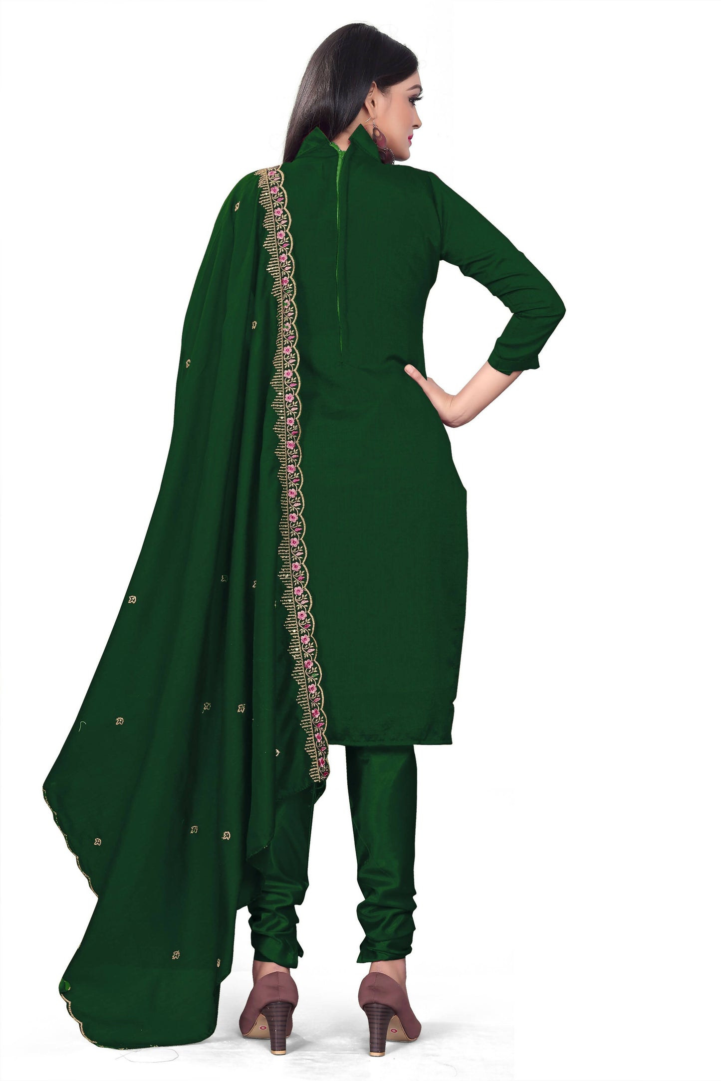 Green Silk Embroidered with Sequins work Unstitched Dress Material - Tanvi - Distacart