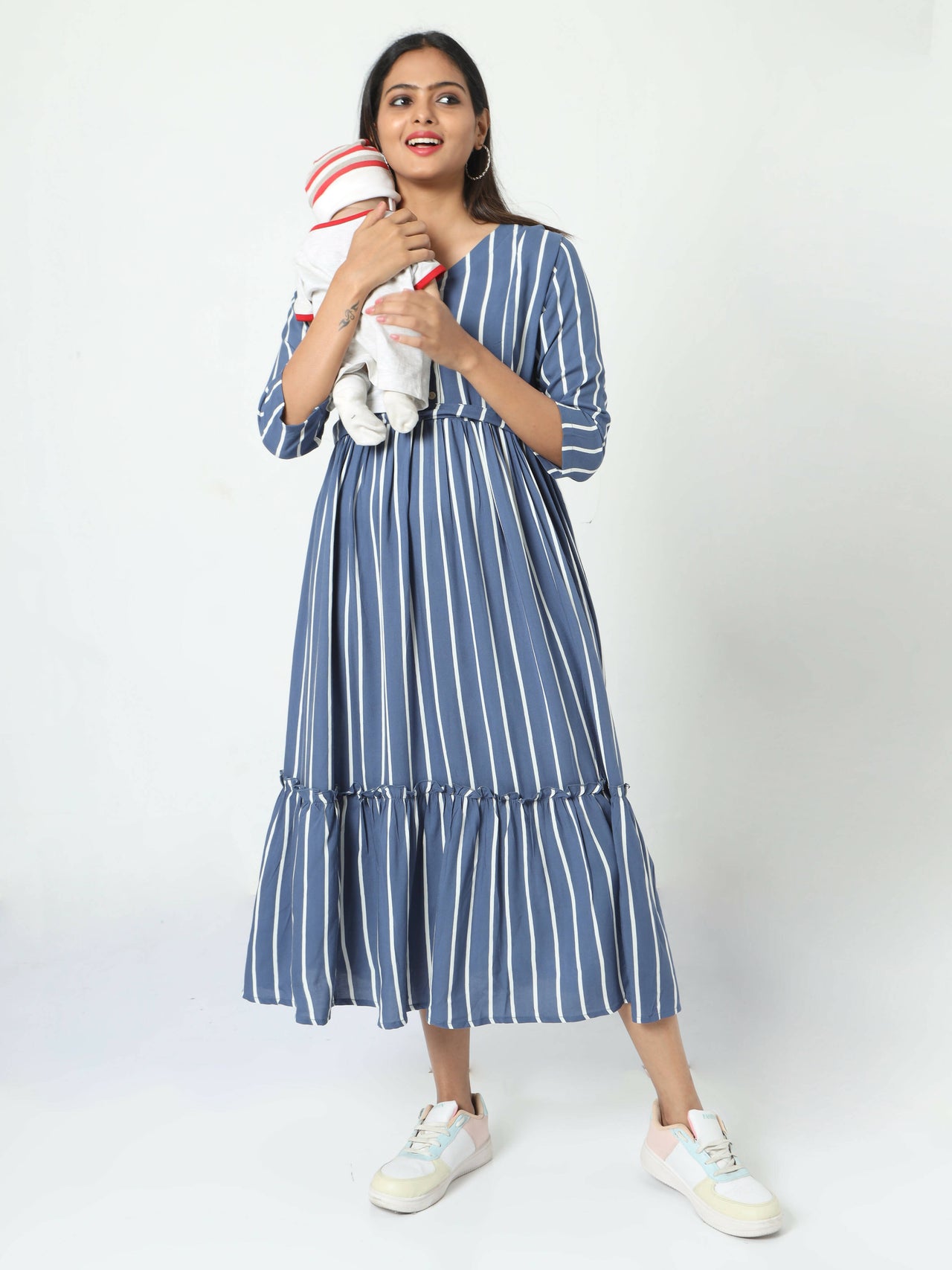 Manet Three Fourth Maternity Dress Striped With Concealed Zipper Nursing Access - Blue - Distacart