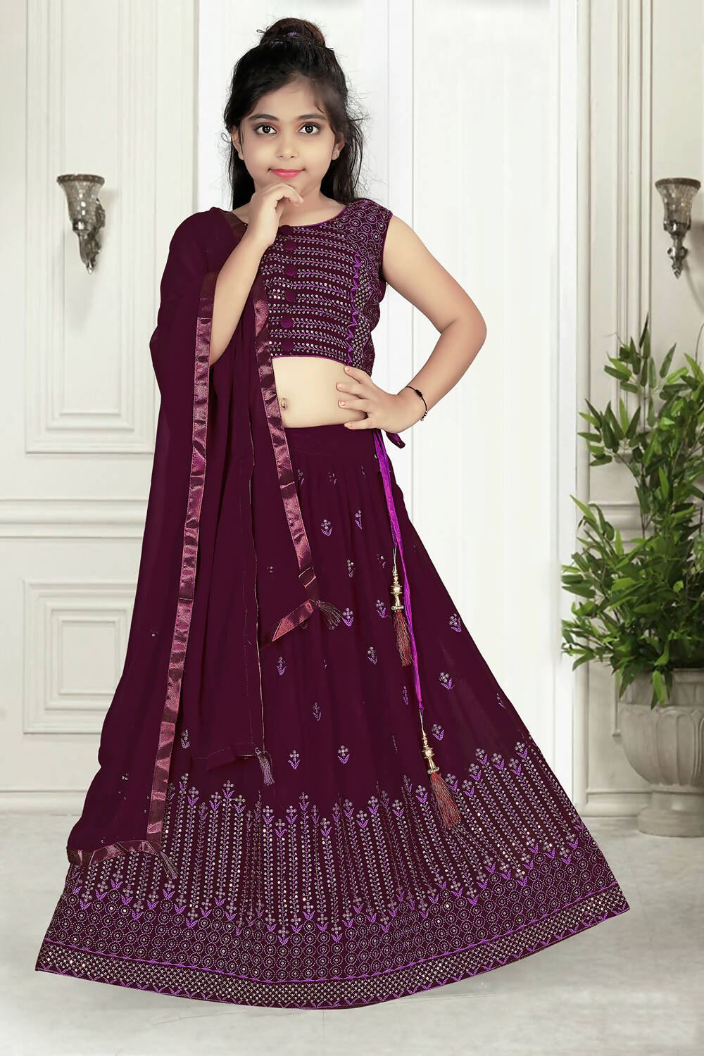 Wedding Designer Wine Pure Georgette Kidswear Lehenga - Aaradhna - Distacart