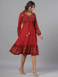 Thumbnail for Juniper Women Rust Georgette Printed Midi Dress - Distacart