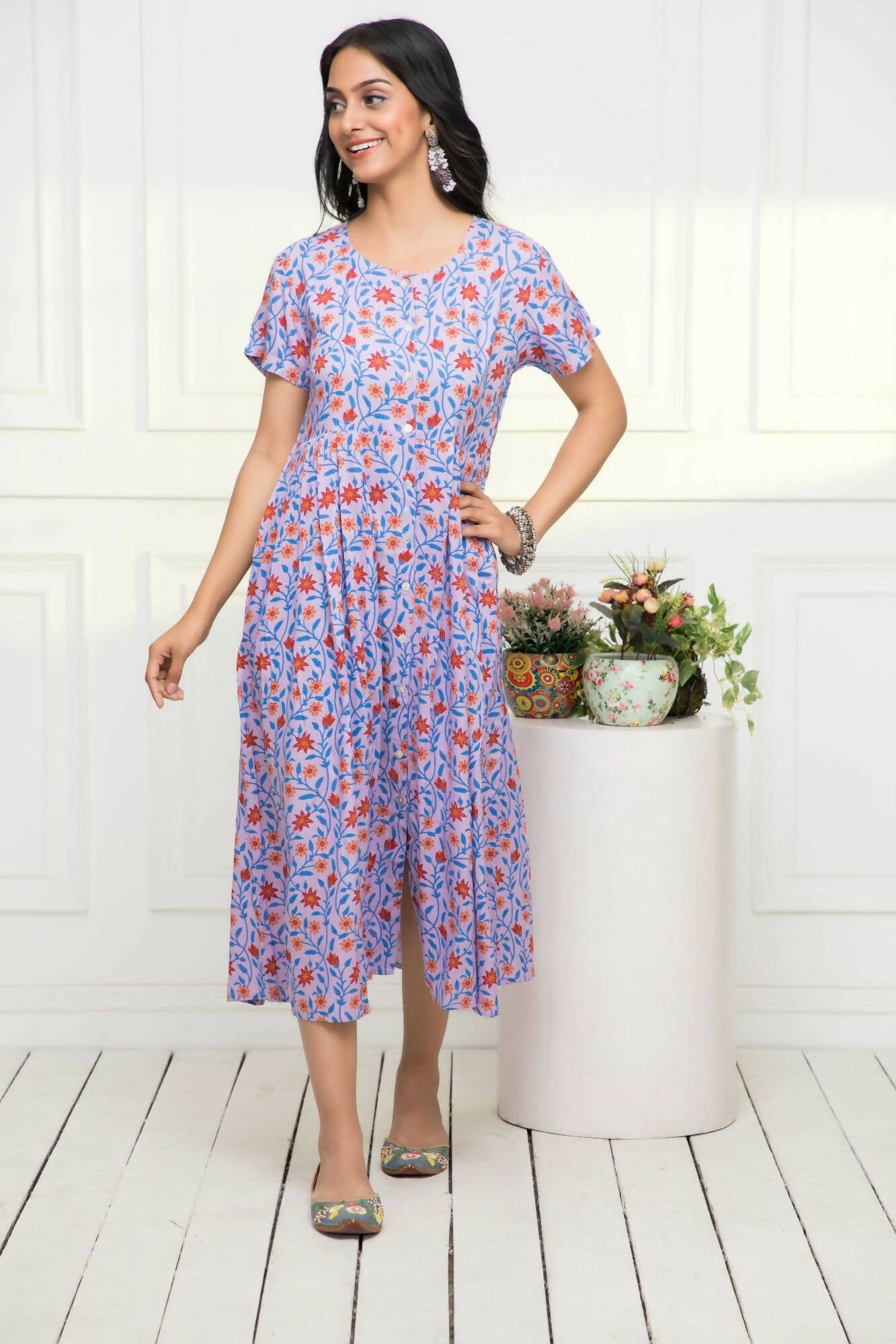 Myshka Women Purple Floral Rayon A-Line Round Neck Dress - Distacart