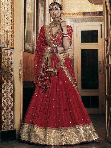 Wedding Designer Sequene Zari Resham Embroidery Red Georgette Lahengha Choli - Anbazaar - Distacart
