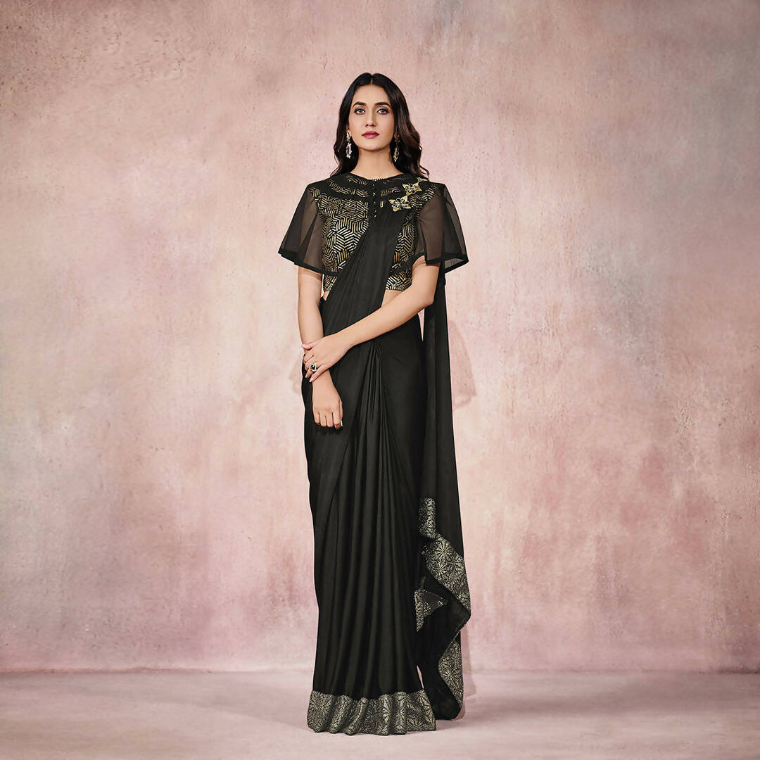 Black Lycra Embroidery Designer Saree With Blouse - Mohmanthan Sitaarah - Distacart