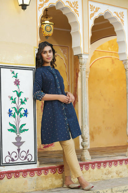 Juniper Women's Blue Cotton Flex Printed A-Line Kurta - Distacart
