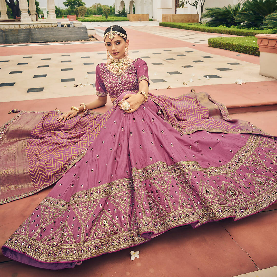 Onion Pink Heavy Viscose Khatli, Embroidery & Mirror Work Unstitched Lehenga Choli - Sisha Keshav - Distacart