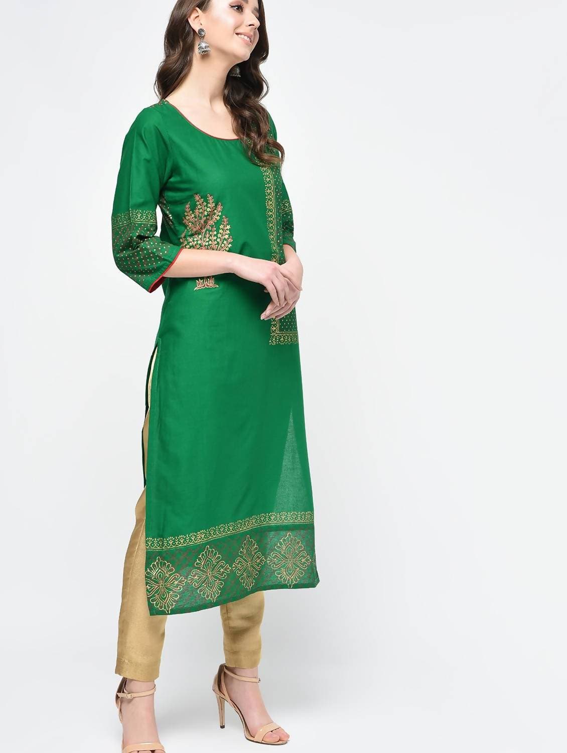 Cheera Hand Block Print Green Color Straight Kurta