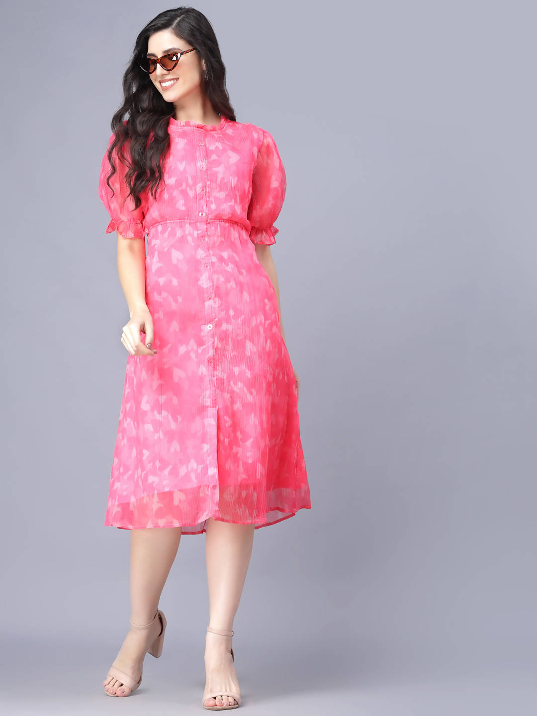 Myshka Women Pink White Floral Organic Cotton Midi Dress - Distacart