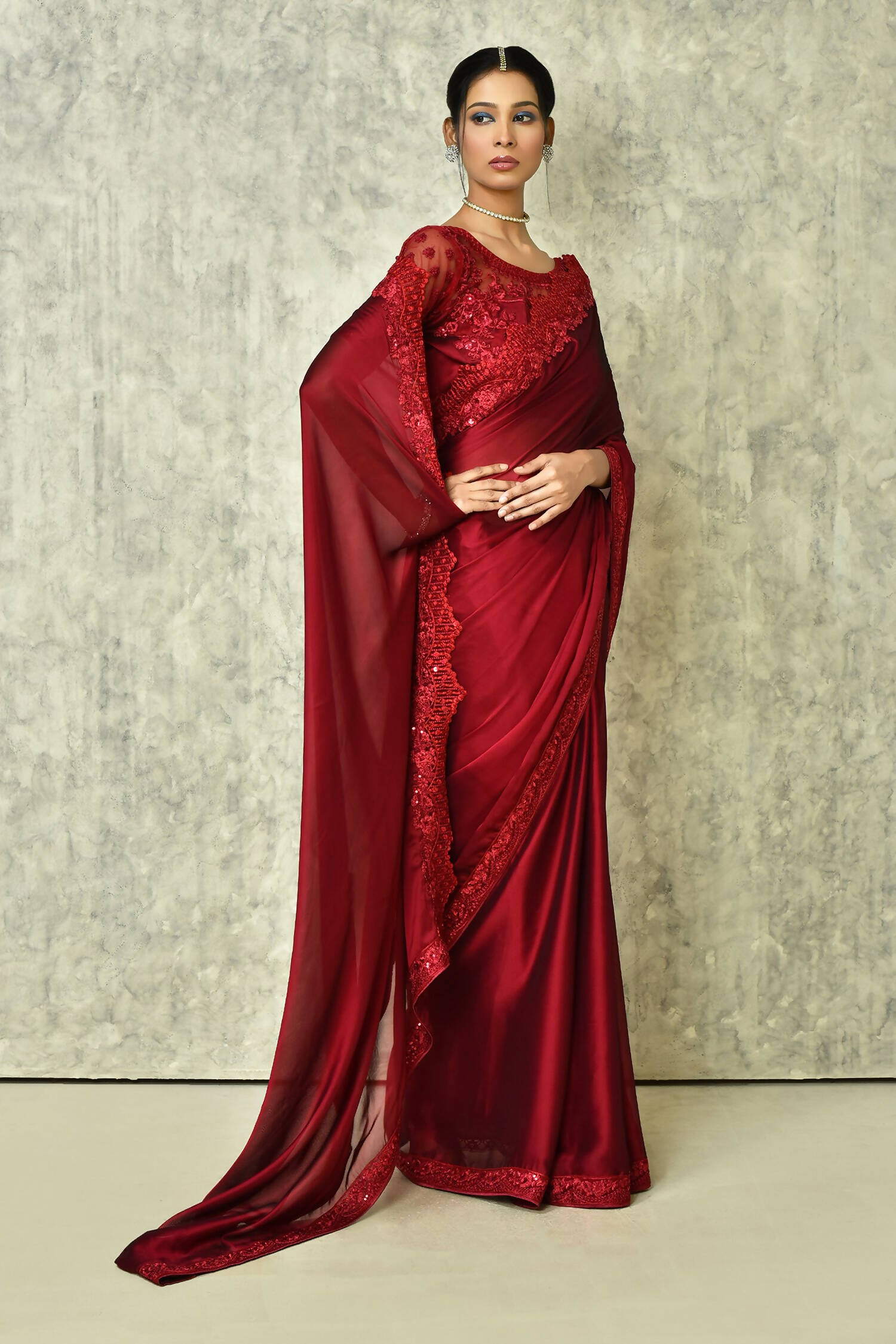 Wine Silk Plain Saree with Blouse Piece - Purvi - Distacart