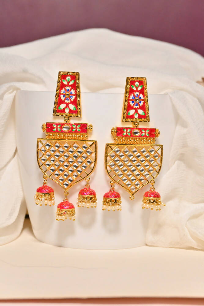 Traditional Gold-Plated Meenakari Red Jhumka Jhumki Earrings By House of Ree - Distacart