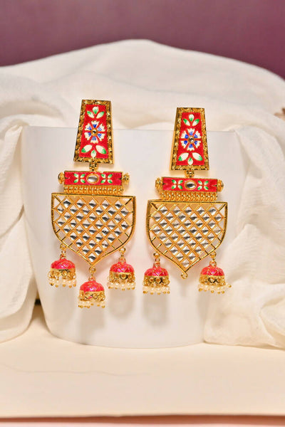Traditional Gold-Plated Meenakari Red Jhumka Jhumki Earrings By House of Ree - Distacart