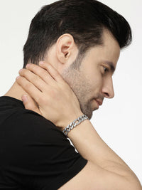 Thumbnail for NVR Men Silver-Plated Stainless Steel American Diamond Studded Link Bracelet - Distacart