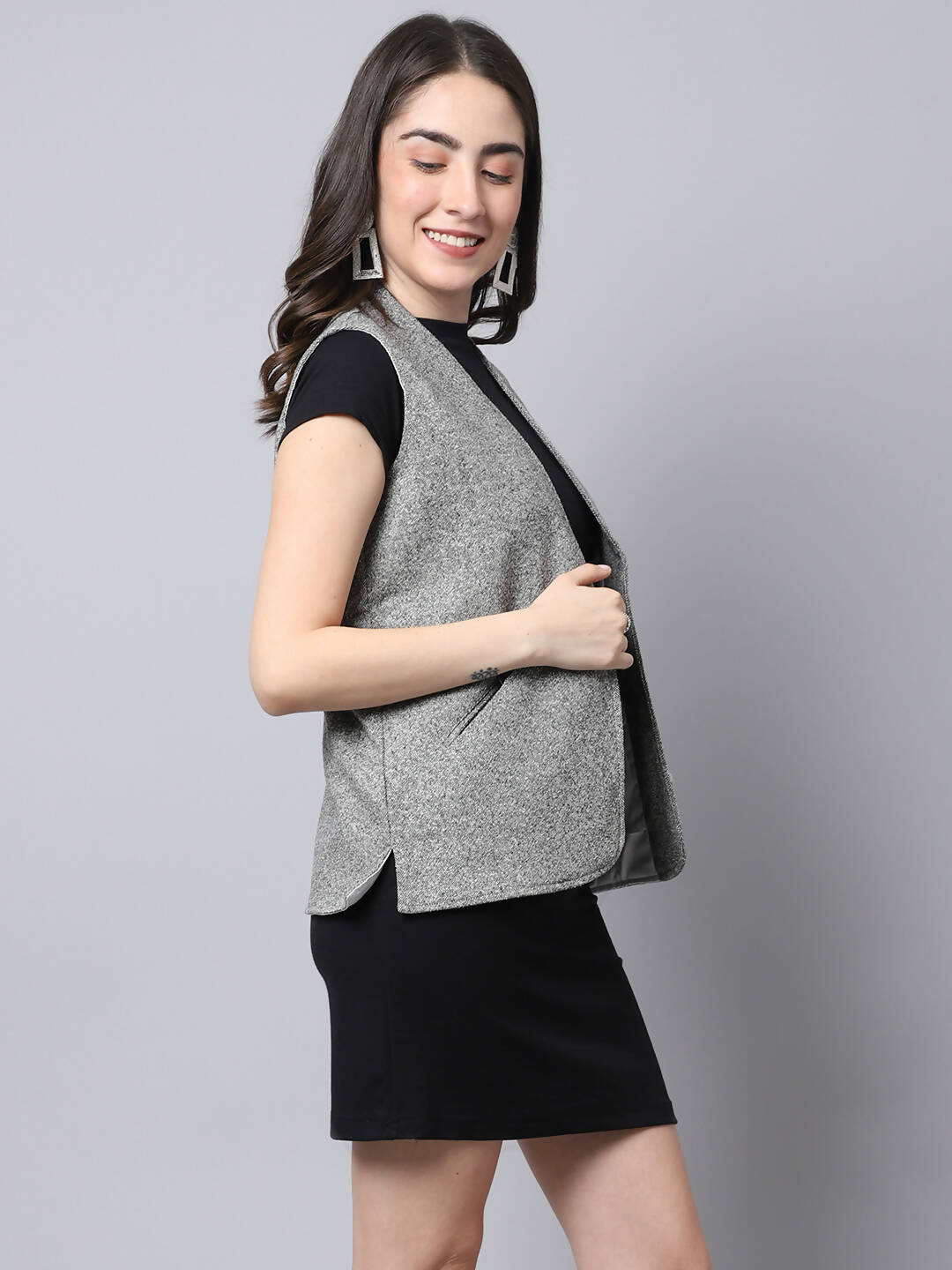 Even Apparels Grey Pure Wool Open Front Women's Waistcoat - Distacart