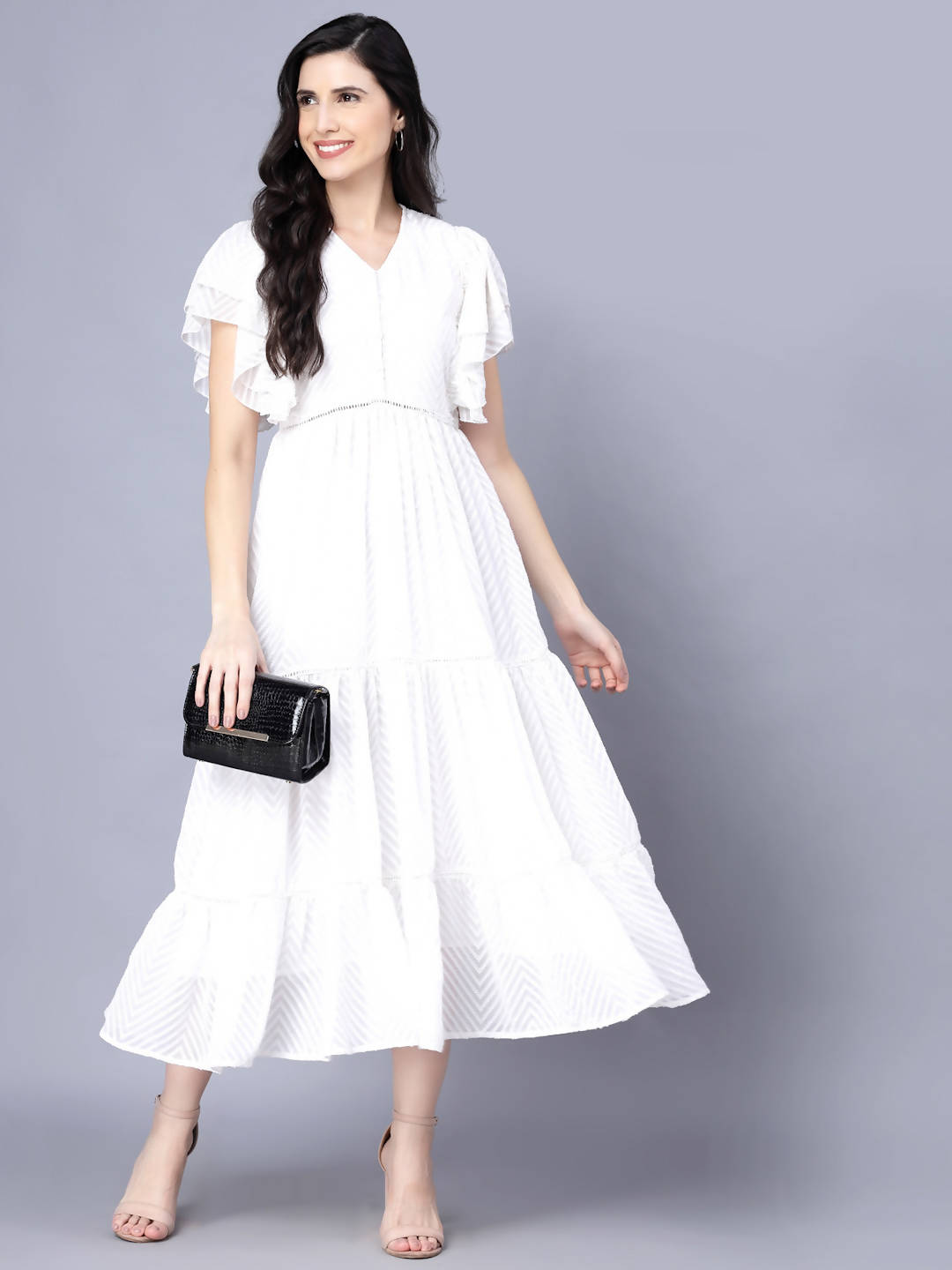 Myshka Georgette Solid Short Sleeve V Neck White Women Dress - Distacart