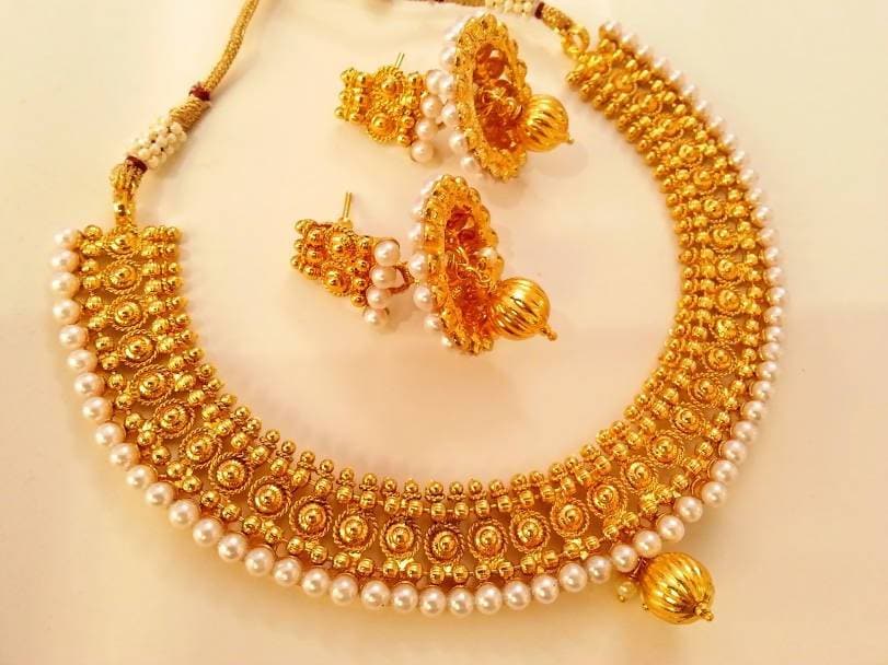 Designer Metallic Necklace Set With White Beads