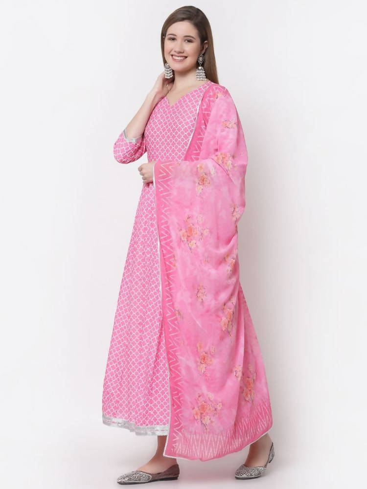 Myshka Pink Color Cotton Blend Printed Anarkali Kurta With Dupatta