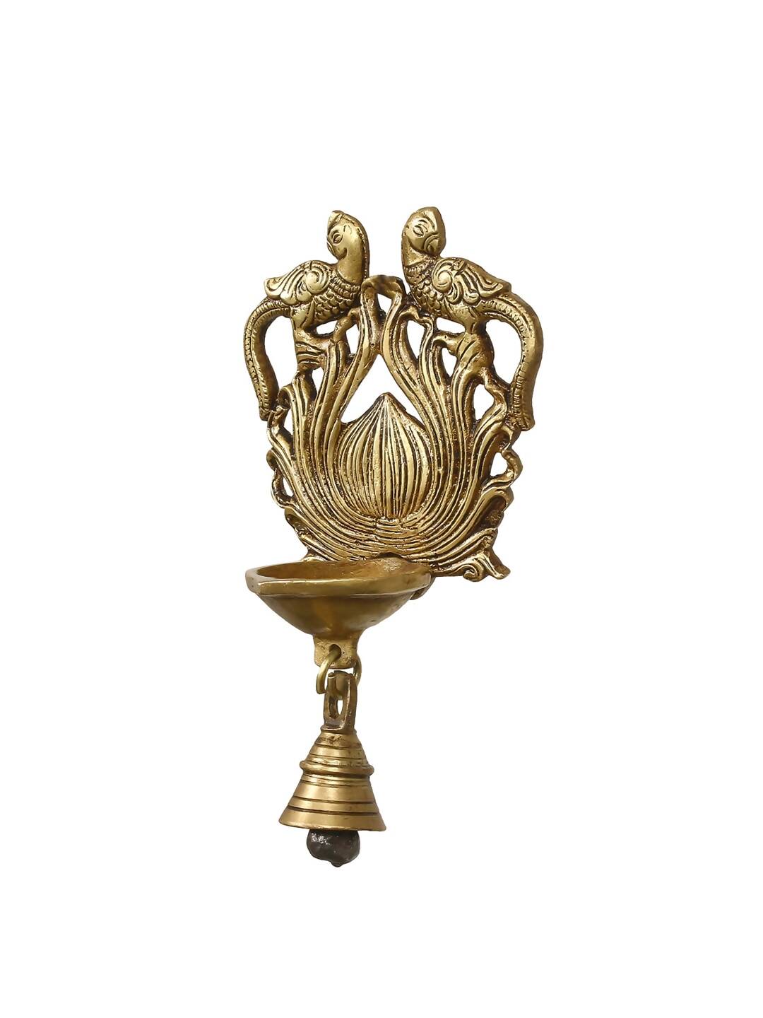 eCraftIndia Gold-Toned Handcrafted Antique Finish Diya with Bells Decorative Wall Hanging Showpiece - Distacart