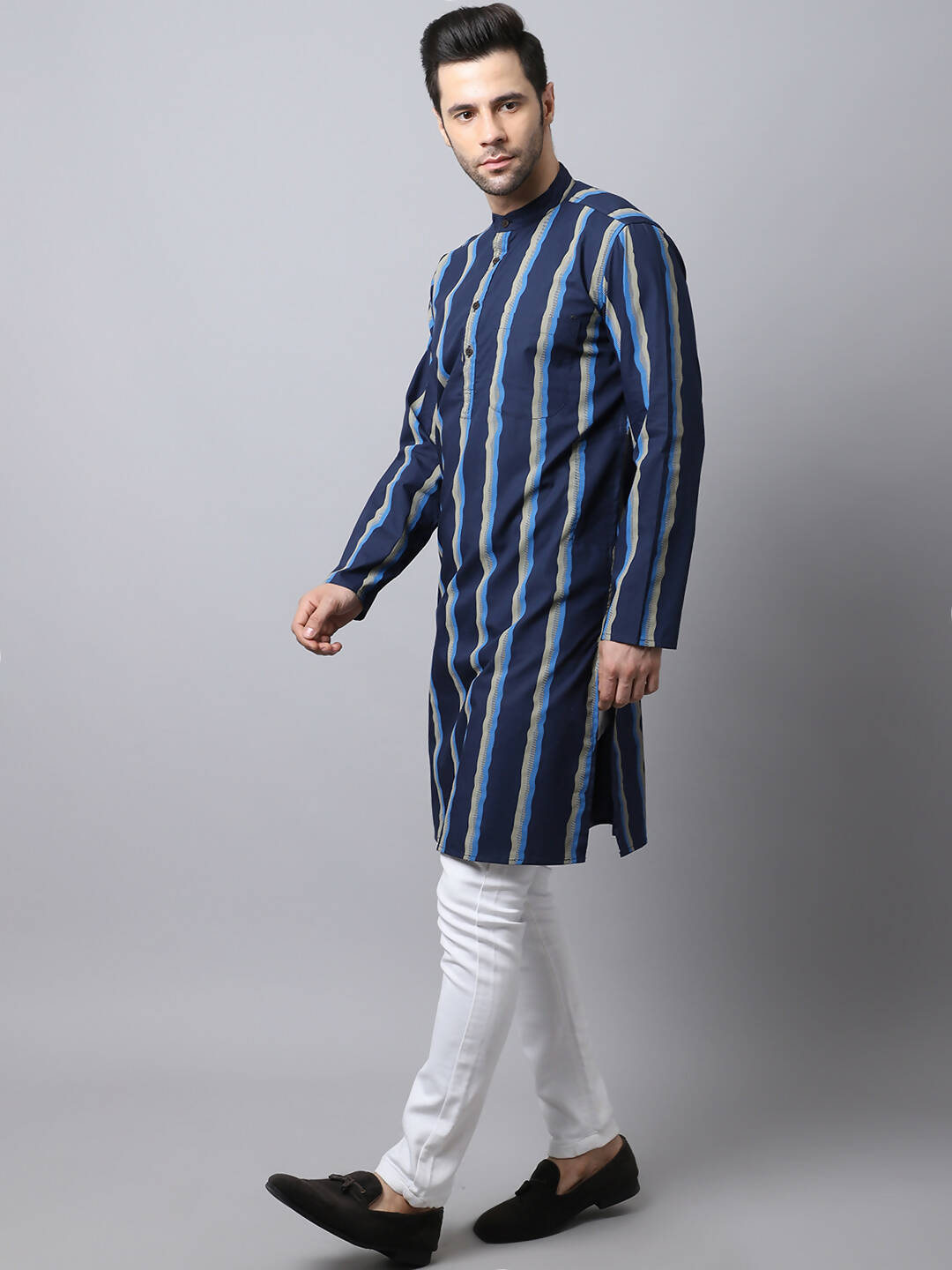 Even Apparels Navy Pure Cotton Men's Kurta With Band Collar - Distacart