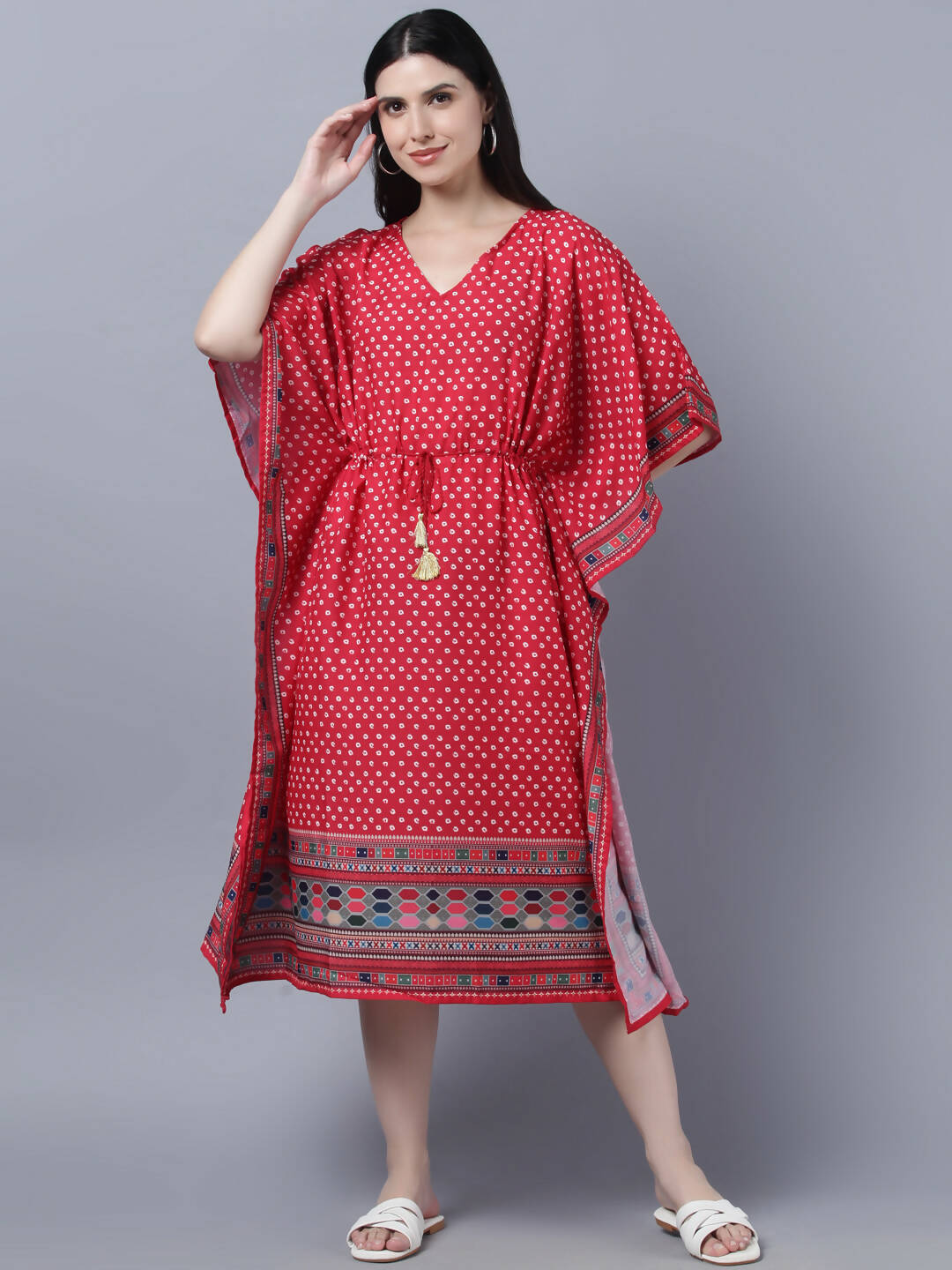 Myshka Women's Red White Ethnic Motifs Printed Kaftan Midi Dress - Distacart