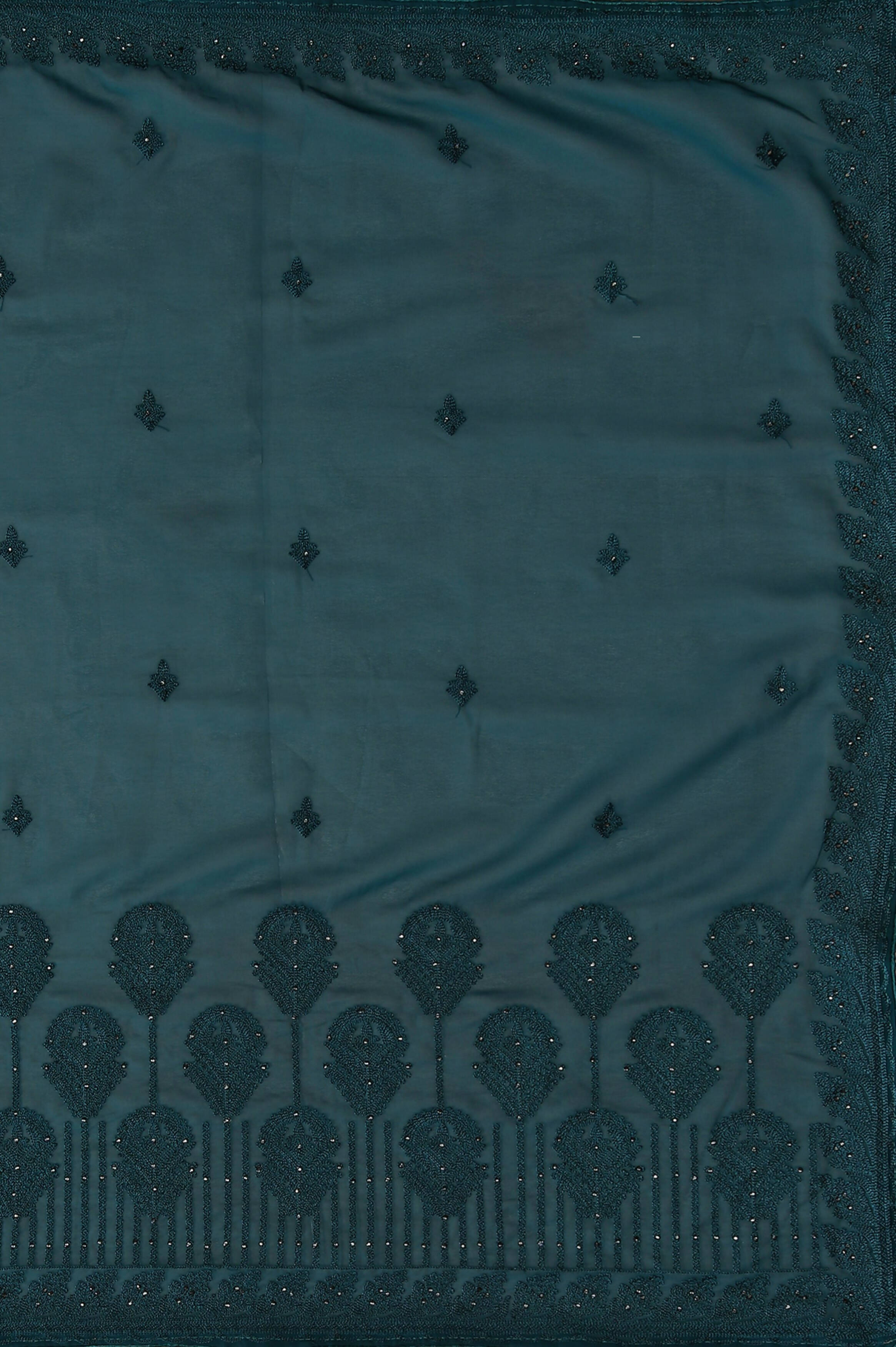 Teal Georgette Embroidered and Stone Work Saree with Unstitched Blouse Piece - Roozal - Distacart