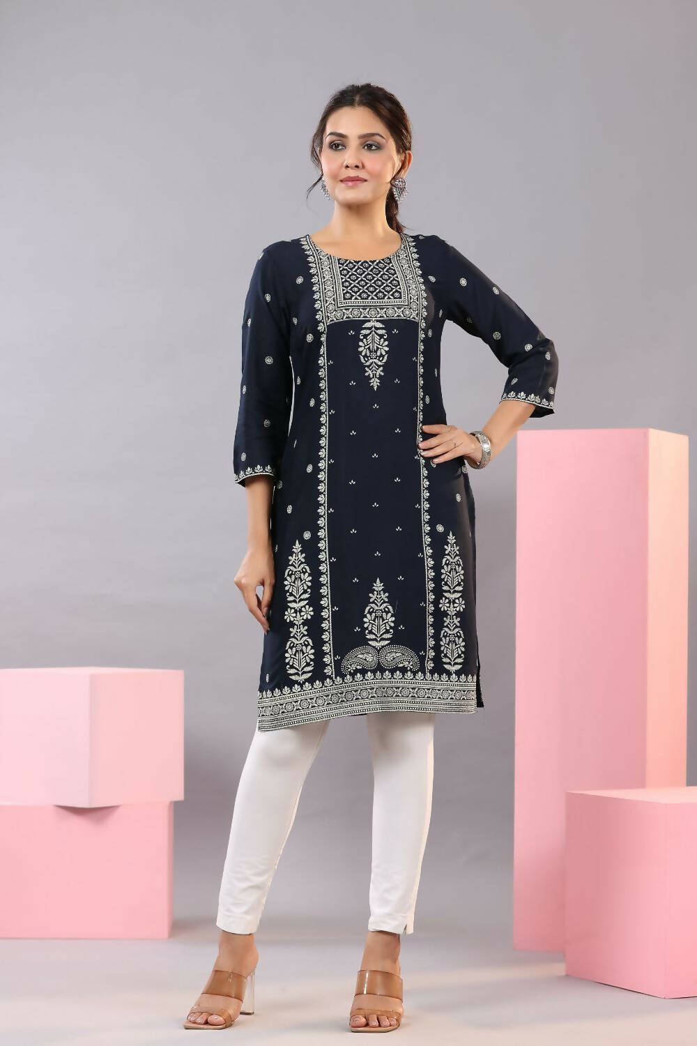Juniper Women Navy Blue Rayon Printed Knee Length Straight Kurta - Distacart
