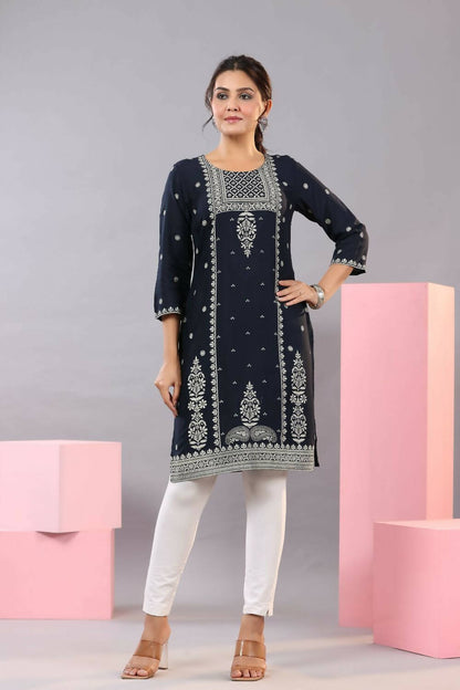 Juniper Women Navy Blue Rayon Printed Knee Length Straight Kurta - Distacart