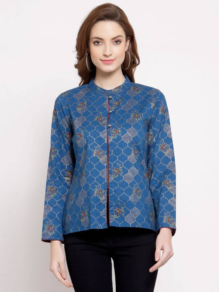 Myshka Women's Blue Cotton Full Sleeve Mandarin Collar Printed Casual Jacket