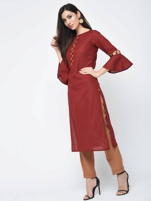 Aniyah Cotton Criss Cross Bell Sleeves Straight Kurta In Maroon (AN-101B)
