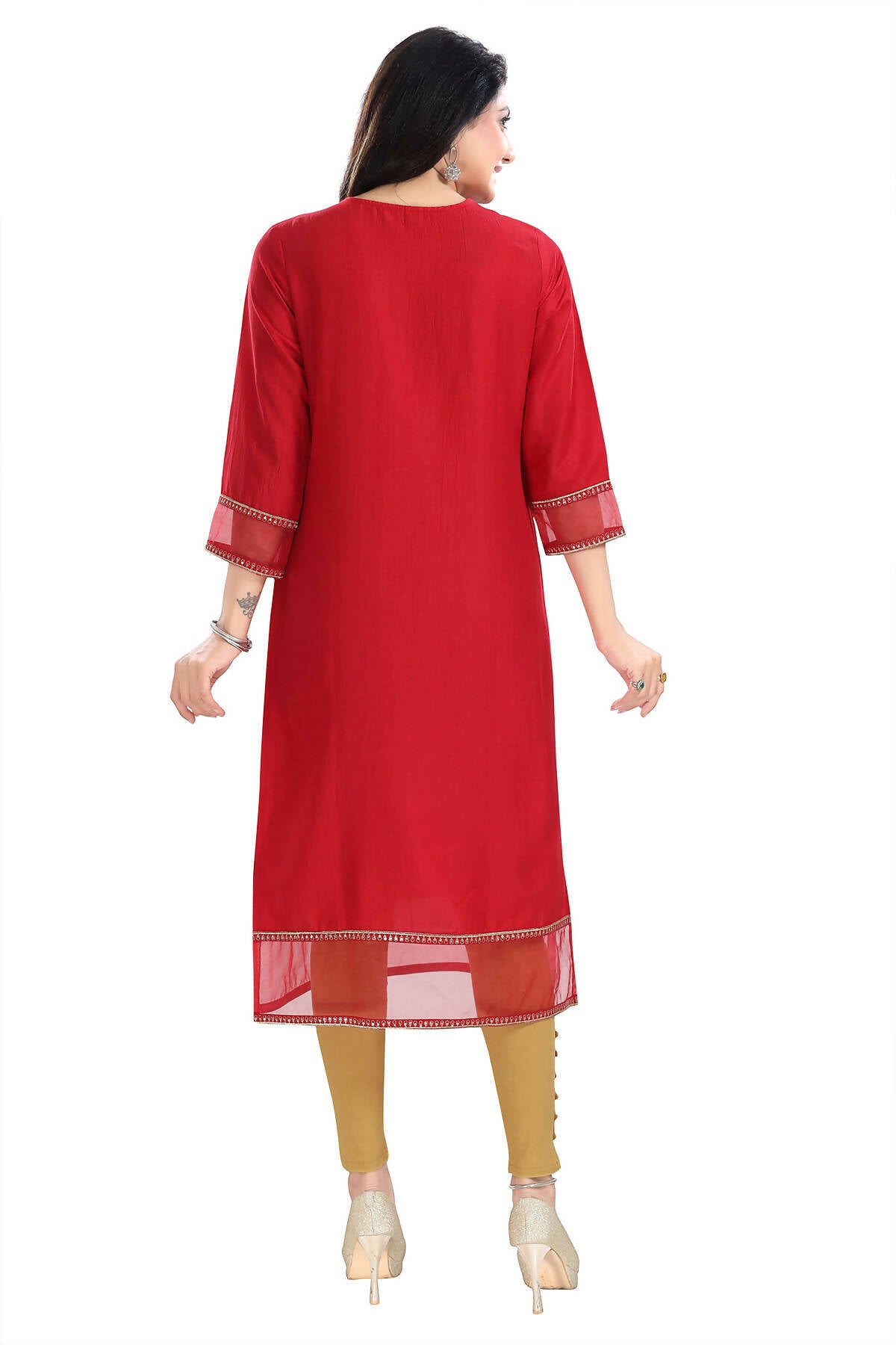 Snehal Creations Mighty Red Art Silk Designer Long Kurti Tunic With Zari Embroidery - Distacart
