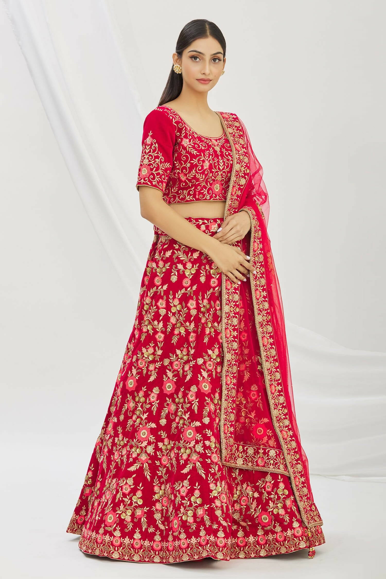 Red Velvet Semi-Stitched Wedding Bridal Lehenga - Nimaya - Distacart