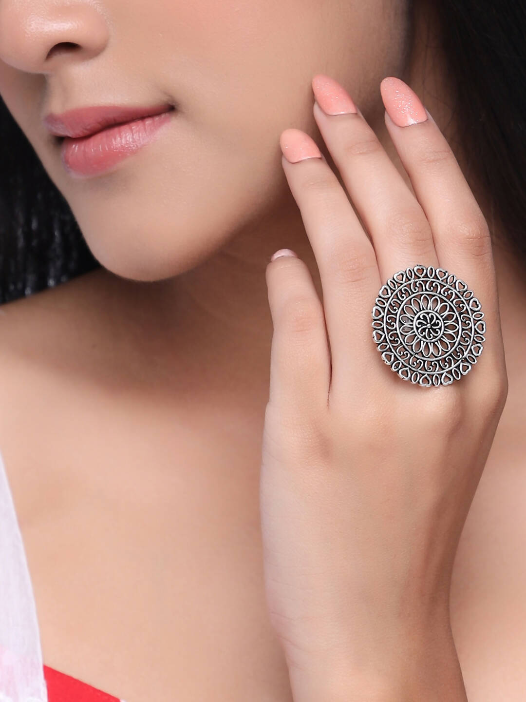 NVR Women Oxidised Silver-Plated Adjustable Finger Ring - Distacart