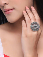 Thumbnail for NVR Women Oxidised Silver-Plated Adjustable Finger Ring - Distacart