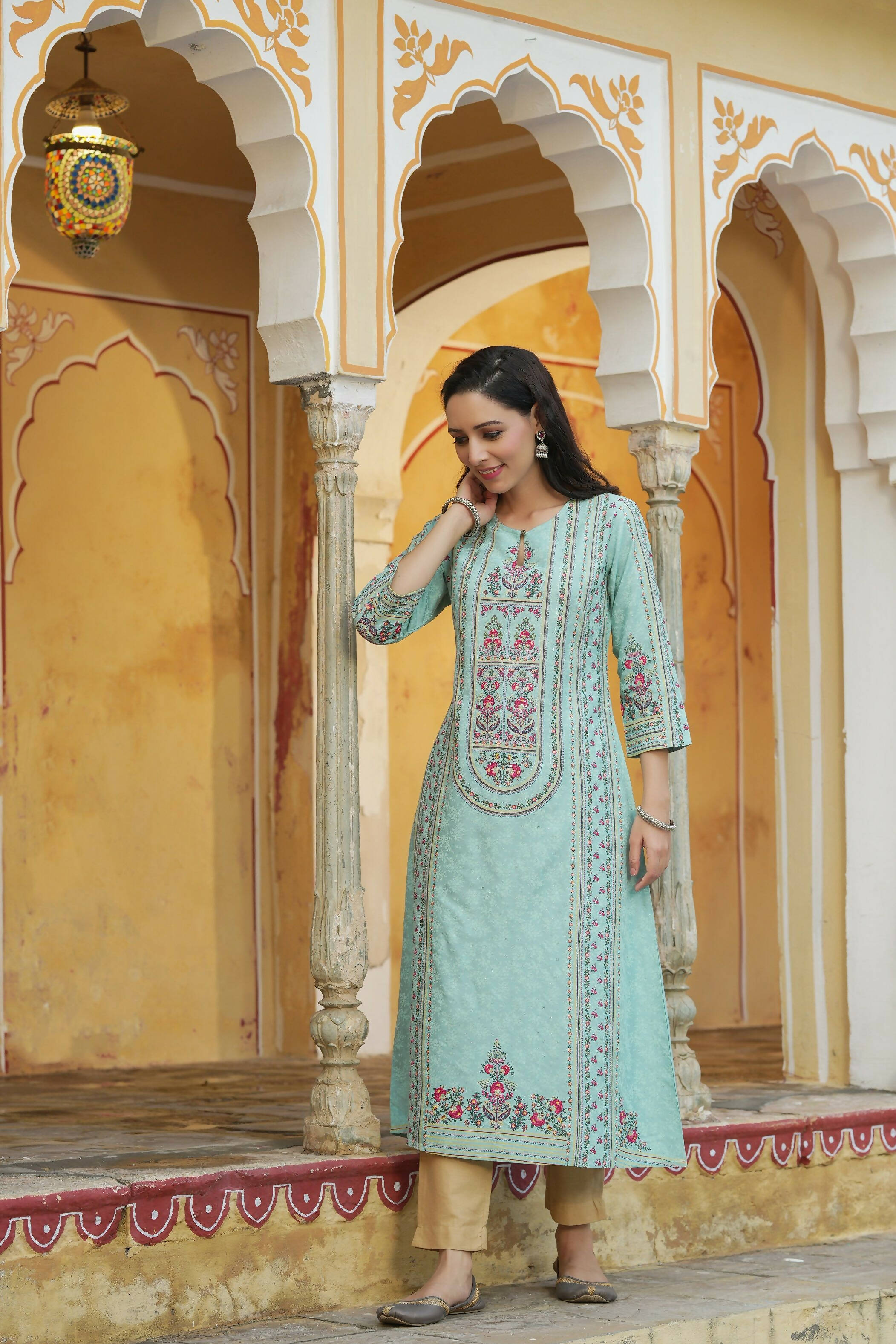 Juniper Women's Sky Blue Rayon Staple Printed A-Line Kurta - Distacart