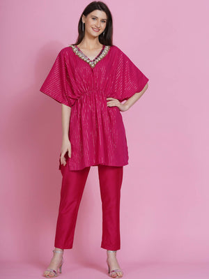 Women Republic Pink Lurex Cotton Kaftan Style Kurta With Pants - Distacart