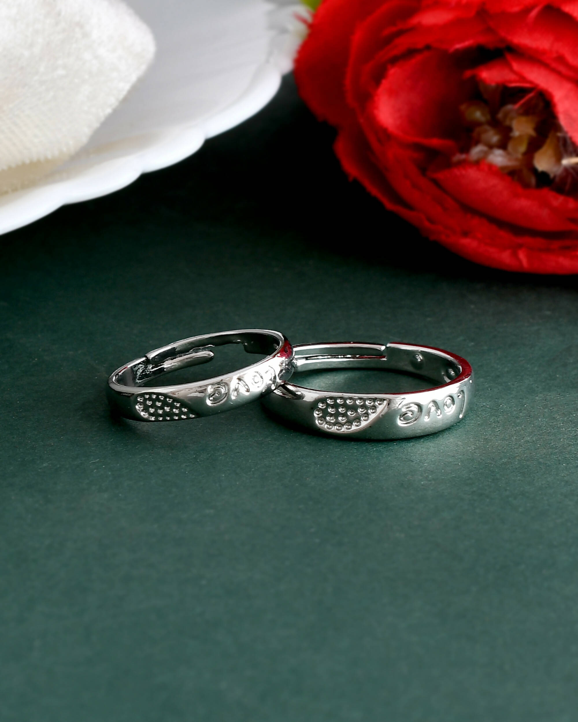 VOJ Stainless Steel Cubic Zirconia Silver Plated Adjustable Ring Set for Couple - Distacart