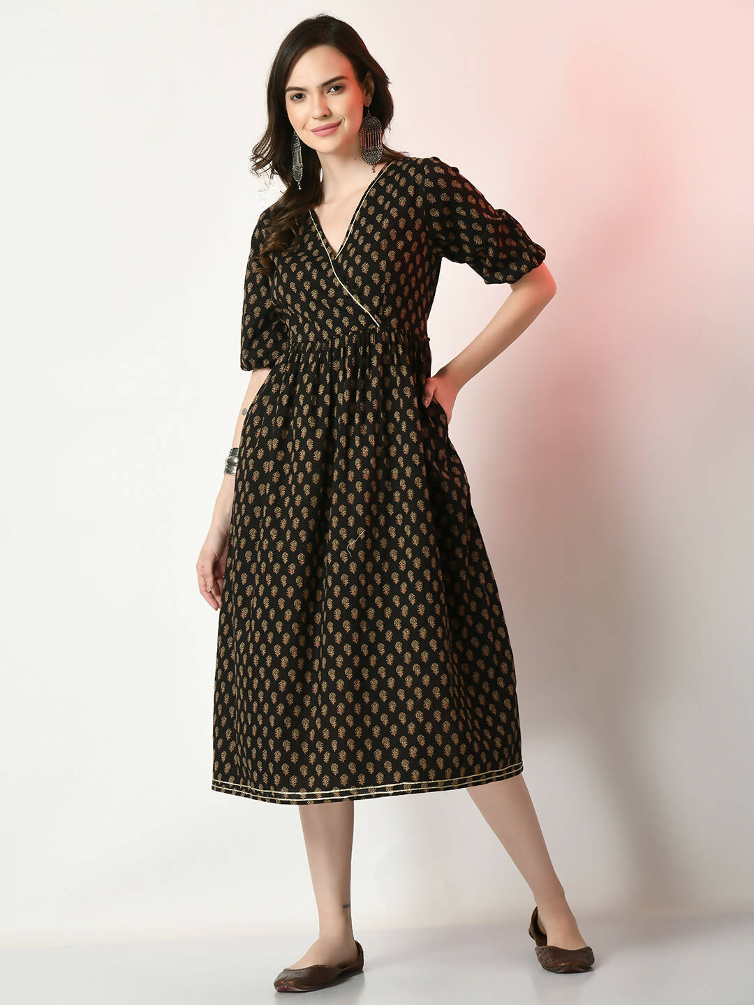 Myshka Women's Black Floral Printed Empire Dress - Distacart