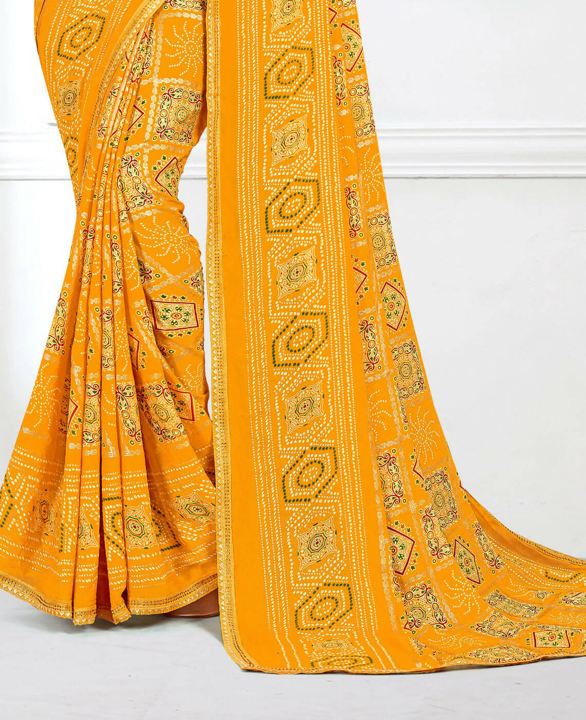 Yellow Georgette Bandhani Printed Saree With Unstitched Blouse Piece - Jyoti - Distacart