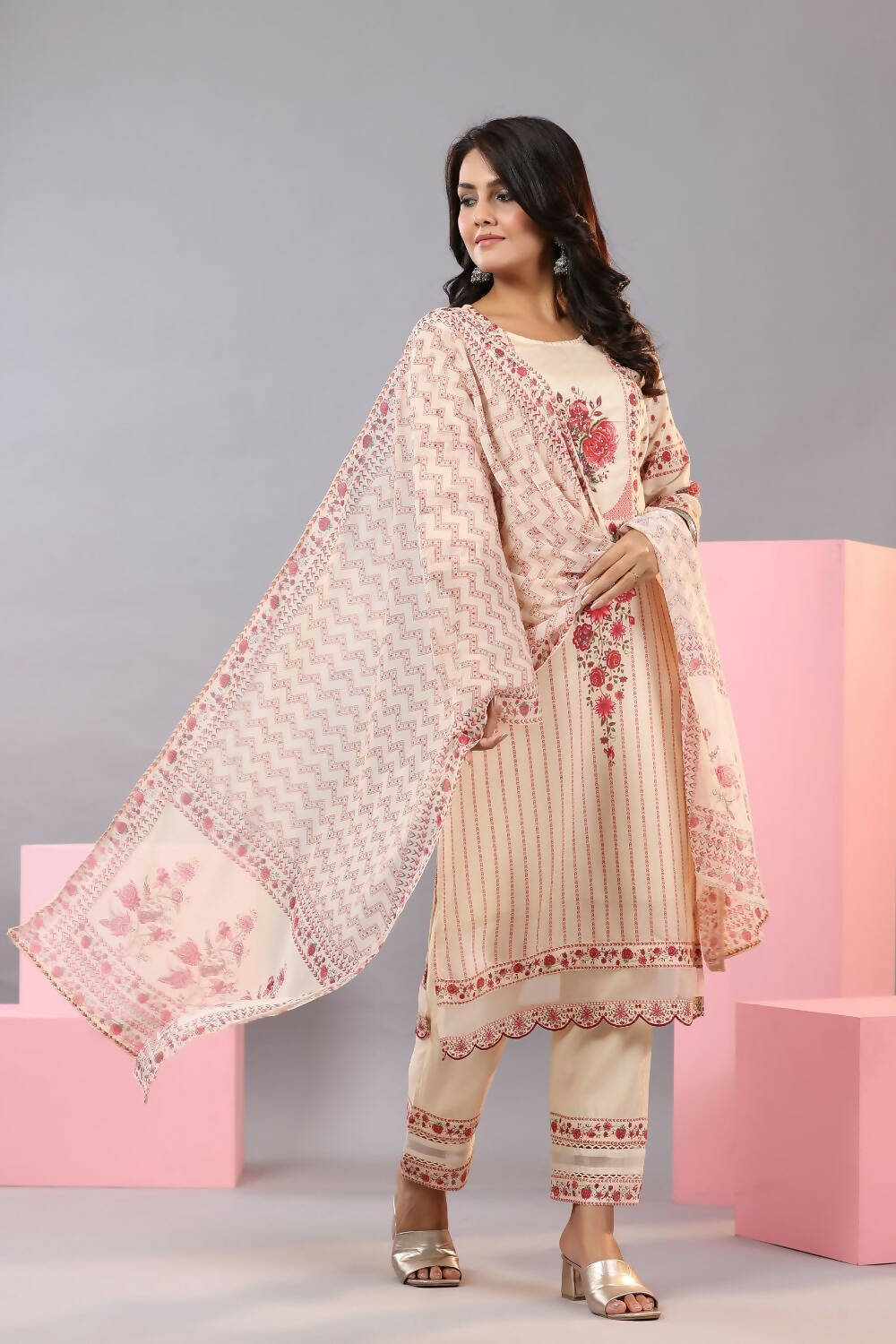 Juniper Women Ecru Muslin Floral Printed Kurta, Pants and Dupatta Set - Distacart