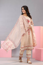 Thumbnail for Juniper Women Ecru Muslin Floral Printed Kurta, Pants and Dupatta Set - Distacart