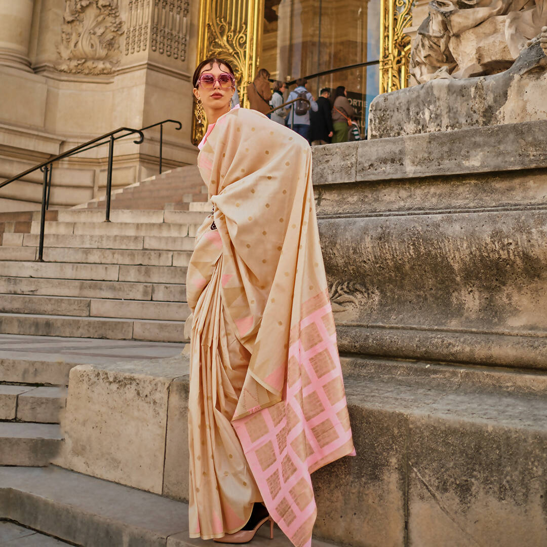 Cream Handloom Khaddi Silk Saree With Contrast Pallu & Blouse - Rajtex Khwaab Silk - Distacart