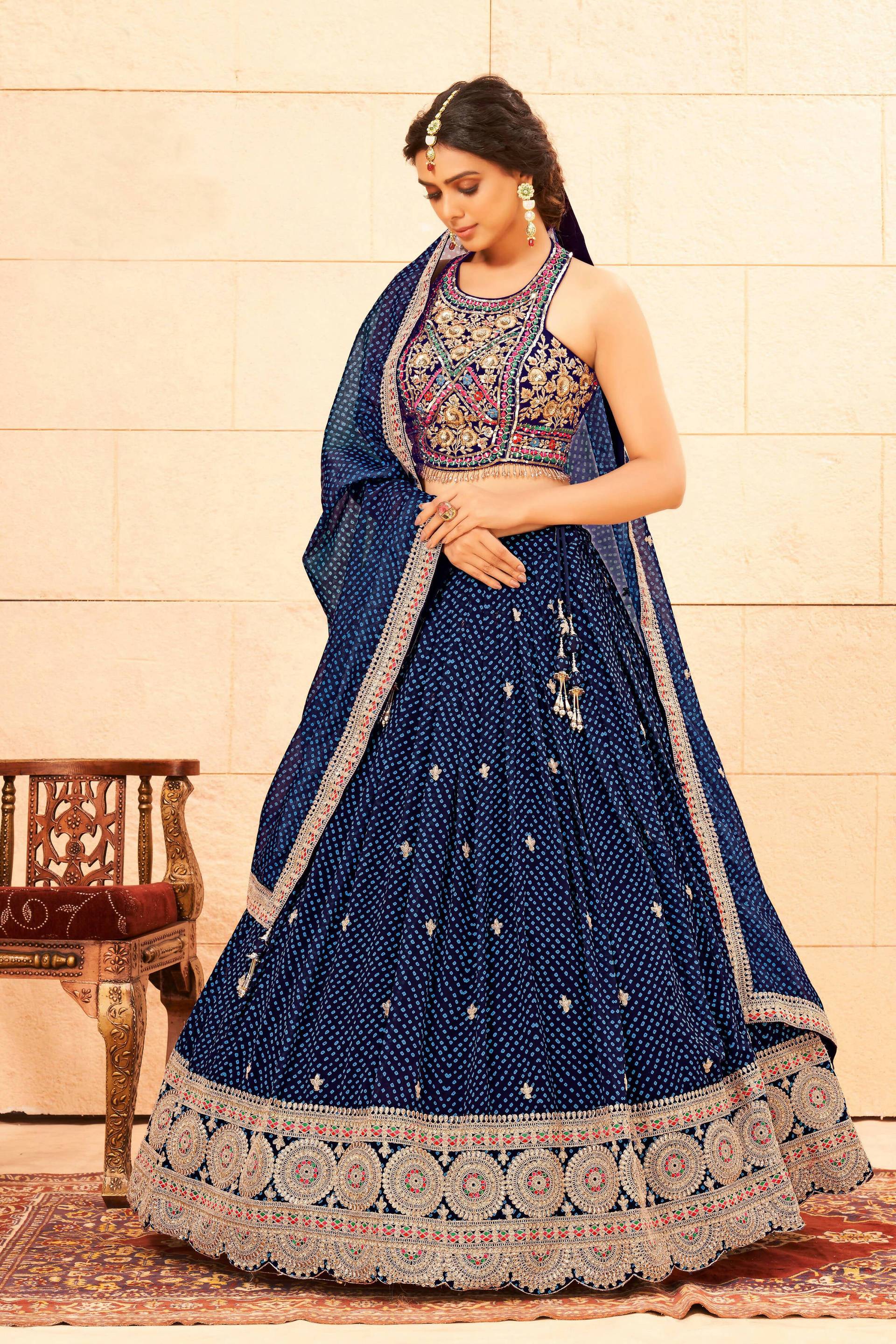 Blue Faux Georgette embroidery workL ehenga Choli with Dupatta - Dhvani - Distacart