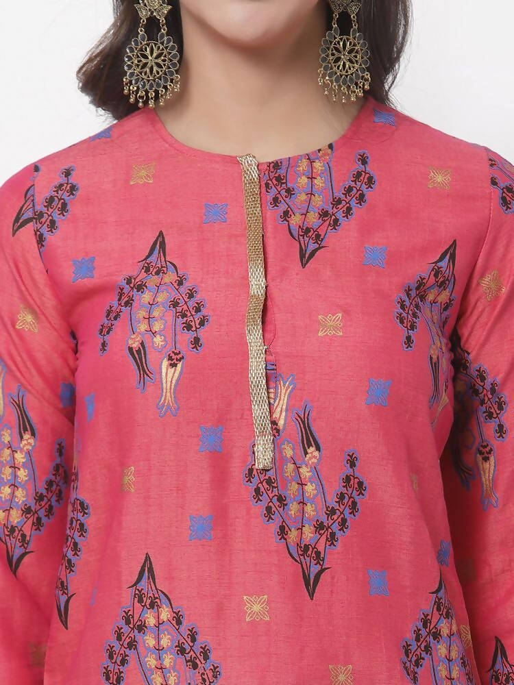 Myshka Women's Pink Printed 3/4 Sleeve Rayon Round Neck Casual Kurta