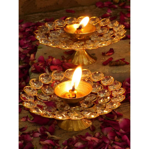 Tied Ribbons Set of 2 Gold-Toned Decorative Crystal Diyas - Distacart
