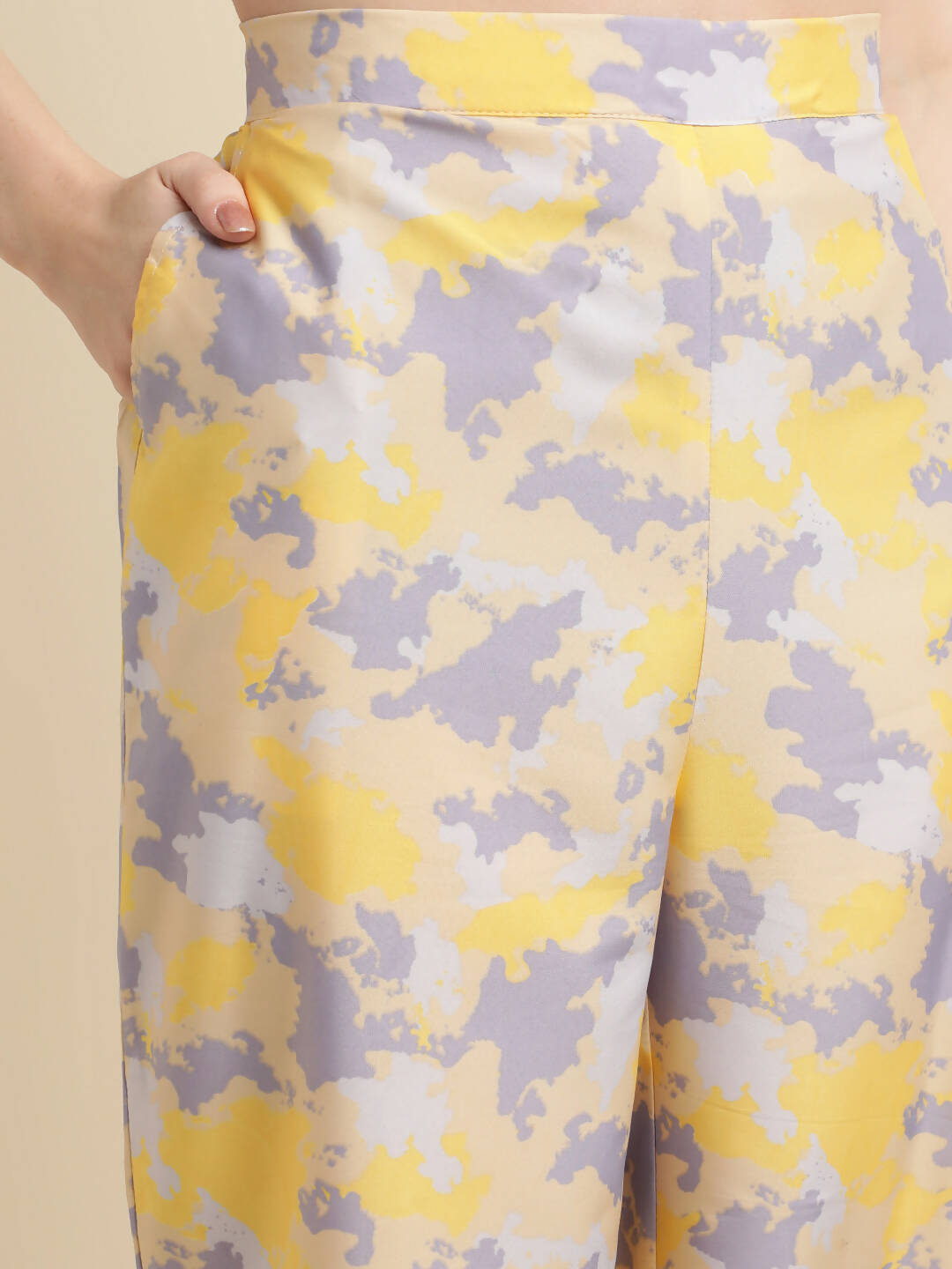 Yellow & Grey Poly Crepe Digital Printed Top with Matching Bottom - Preeti - Distacart
