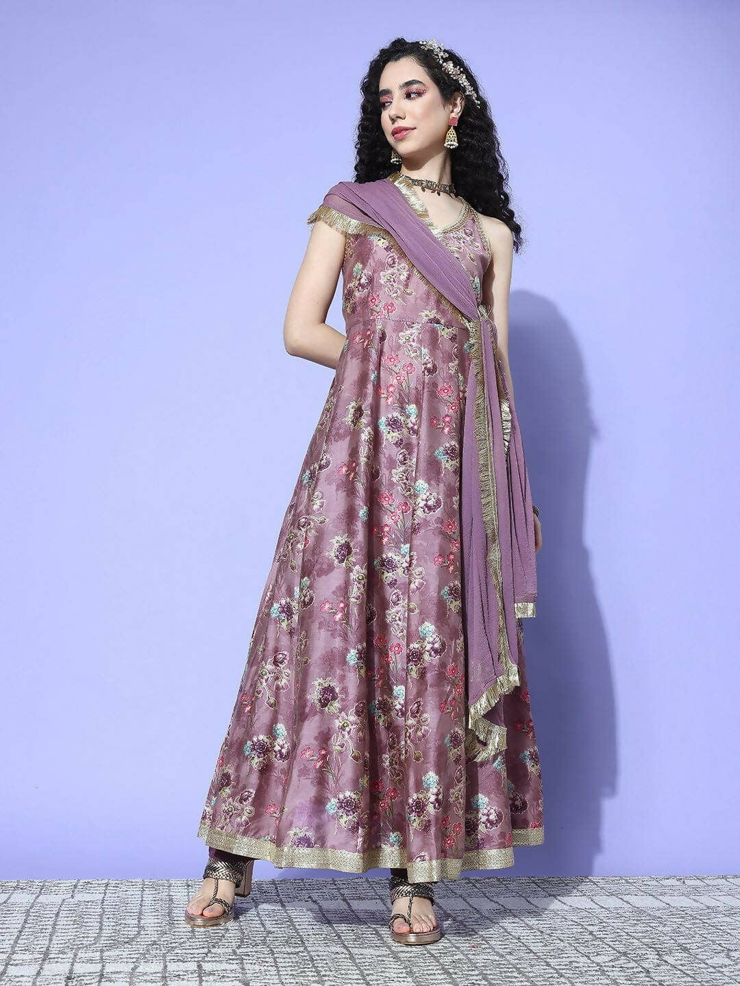 Varanga Purple Floral Printed Sequin Embellished V-Neck Anarkali Kurta With Flared Hem - Distacart