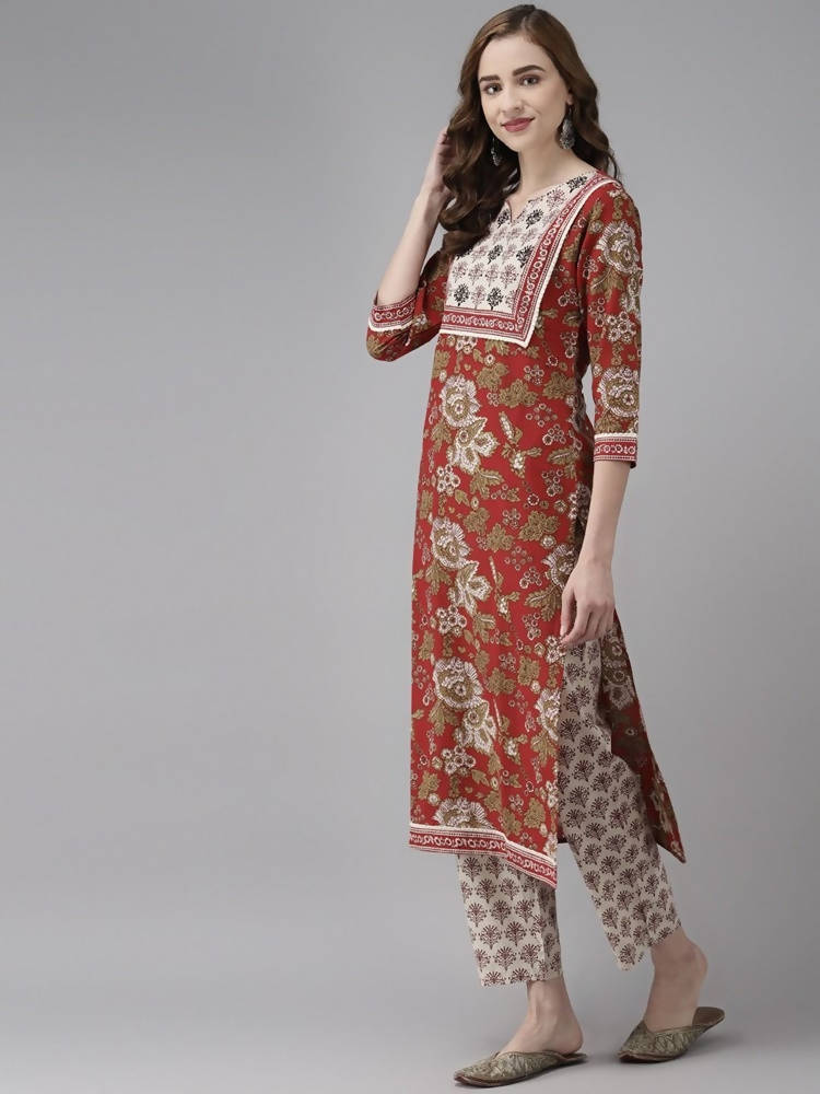 Yufta Women Maroon Floral Printed Regular Thread Work Pure Cotton Kurta with Palazzo & With Dupatta