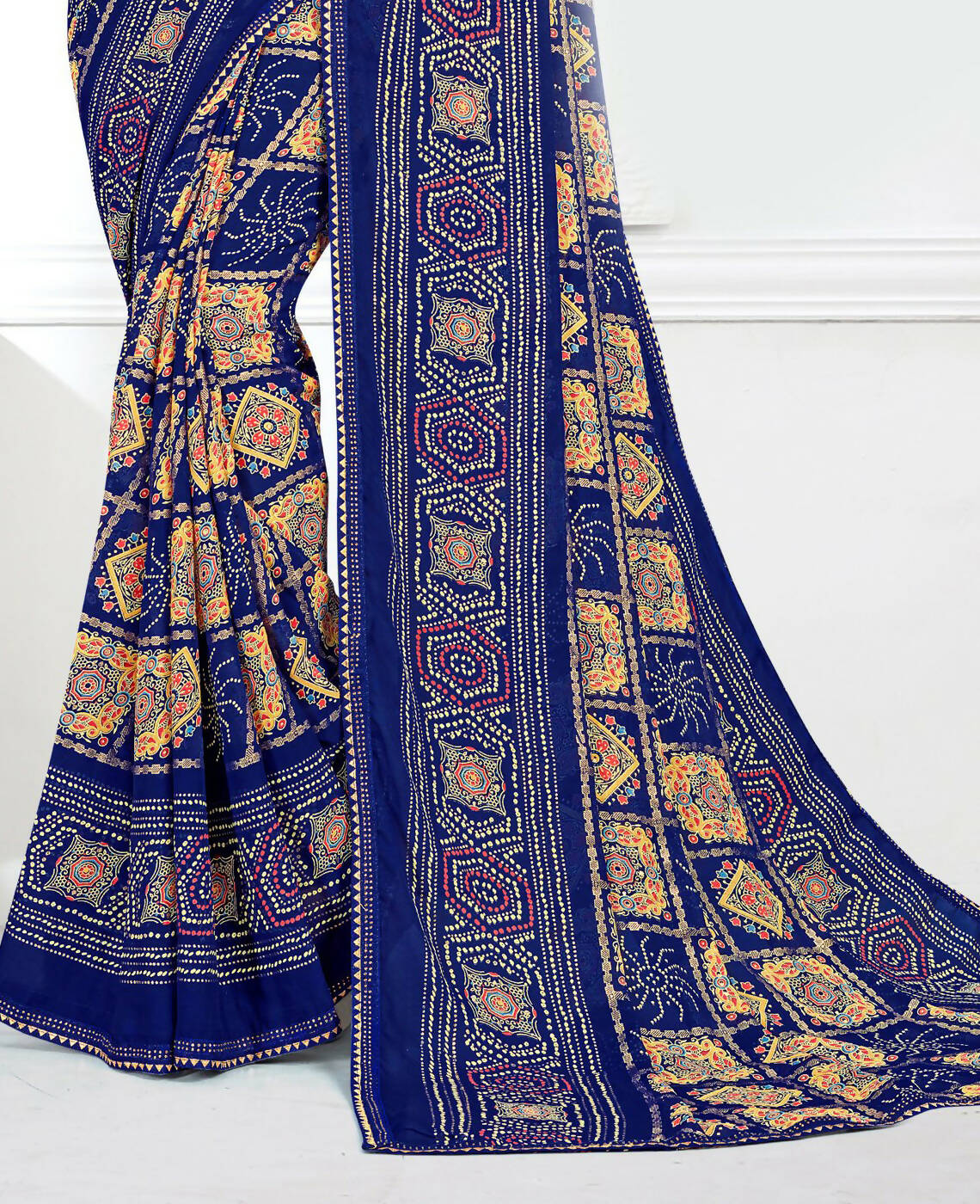 Blue Georgette Bandhani Printed Saree With Unstitched Blouse Piece - Jyoti - Distacart