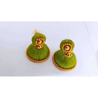 Thumbnail for Green and Gold Silk Threaded Necklace Set with Earrings and Maang Tika - Distacart
