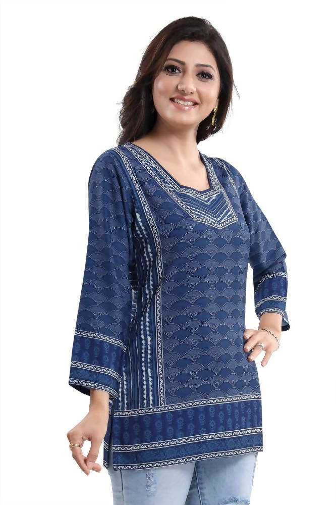 Snehal Creations Indigo Blue Summer Cool Short Kurti Tunic Top